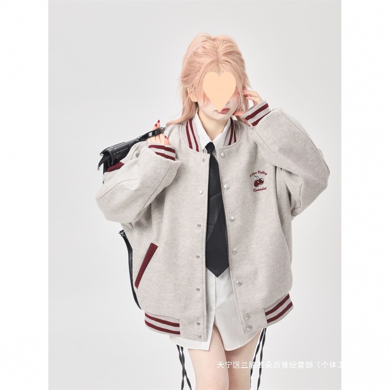 跨境美式宽松灰色拼接棒球服外套女春秋款2025年设计感小众飞行员|undefined