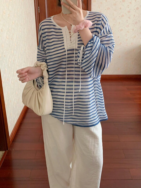 蓝色条纹针织防晒罩衫女夏季薄款宽松吊带外搭长袖t恤空调衫上衣|undefined