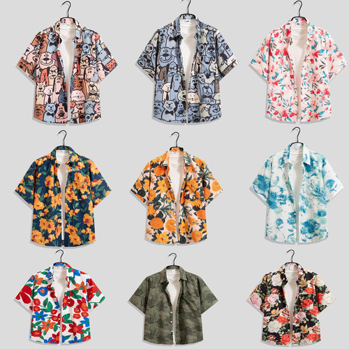 S1-2 Four-Sided Printed Short-Sleeve Hawaiian Shirt Leisure Summer Cross-Border Retro Floral Collared Shirts Beach Print Top