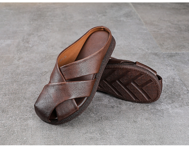 Dép sandal nữ bít mũi da bò thật đế bệt kiểu dáng điệu bộ — màu mơ chi tiết 11