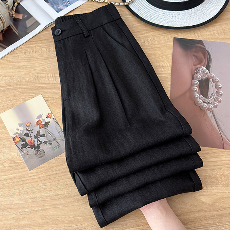 Quần ống rộng vải lanh Tencel cạp cao mỏng mùa hè — Màu đen, Màu hồng, Màu mơ, Kaki chi tiết 1