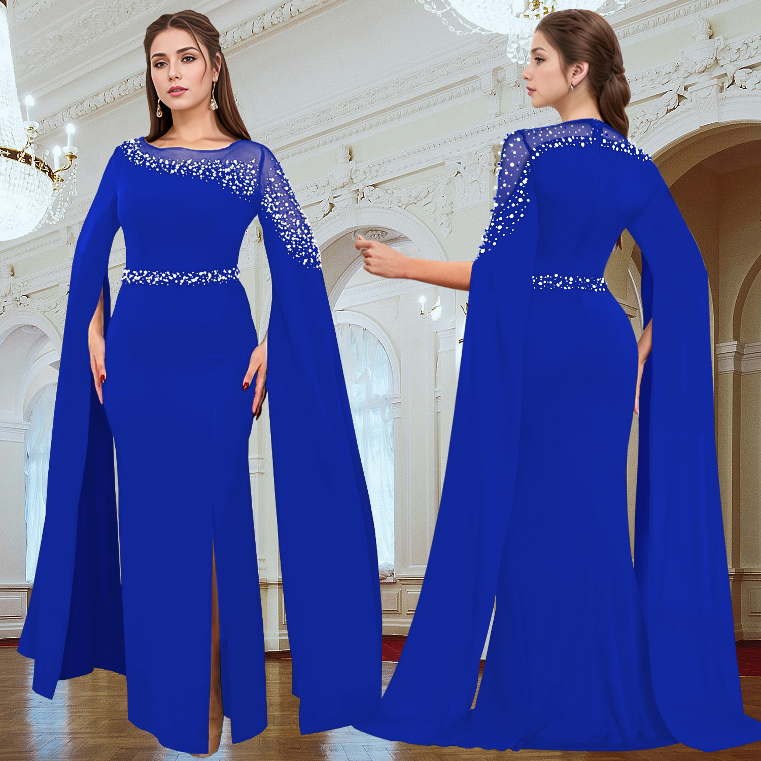 Vestido de noche con mangas tipo capa y pedrería, estilo europeo y americano, de AliExpress y Amazon, para envíos internacionales, modelo C7303.