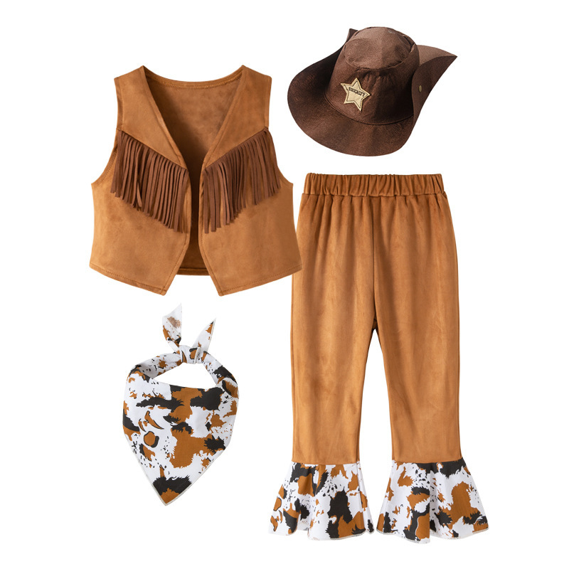 Western Denim suit Children's Holiday Clothing Role-playing Clothing Tassel Vest suit Performance Clothing 4-piece Set with Hat