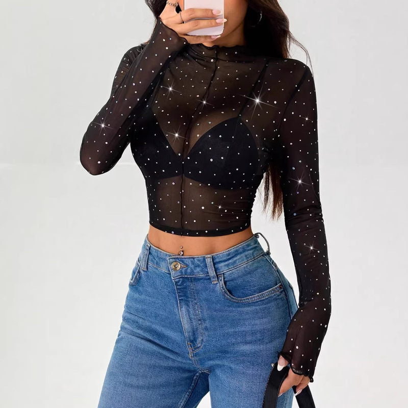 Cross-Border Foreign Trade 2026 Spring New Style Women's Small Stand-Up Collar Long-Sleeved Mesh Transparent Sequin-Decorated T-Shirt Top for Women