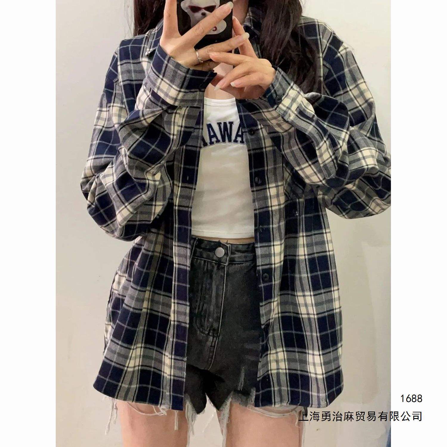 港风黑色格子衬衫正肩复古格子纹衬衣情侣春夏长袖上衣外套女潮