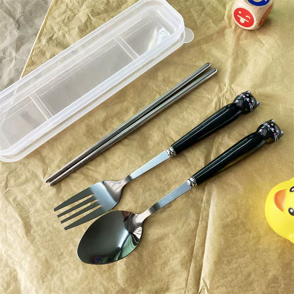 Transparent box+black cat pointed spoon fork+light chopstick