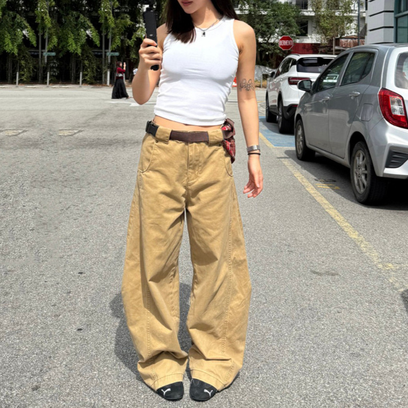 预售美式复古弯刀裤男女新款设计感宽松水洗拼接裁剪休闲长裤|undefined
