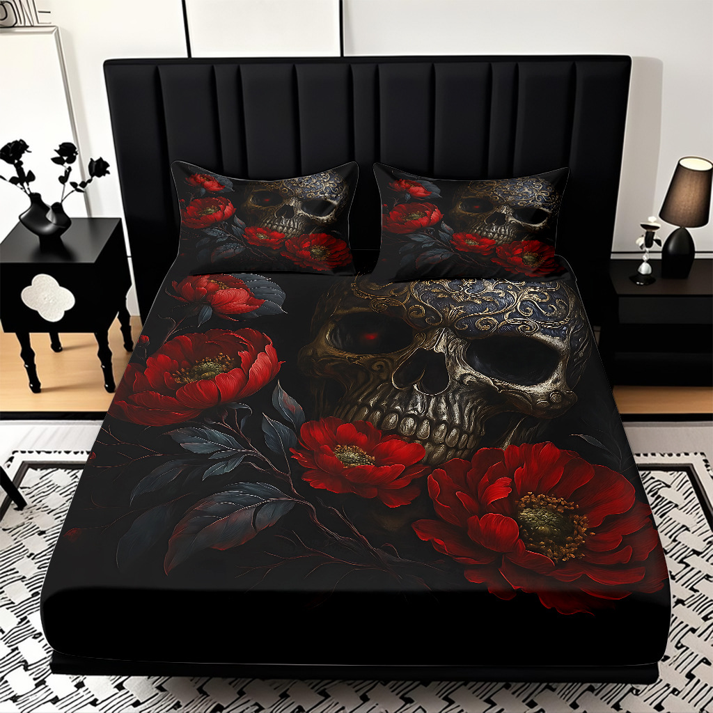 TEMU / JIT abrasión cama Kits cráneo patrón de impresión digital HD ropa de cama para diseñar