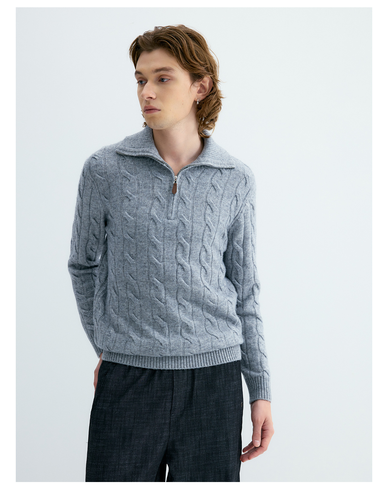 UNF 530g Cable-Knit Half-Zip Polo Sweater