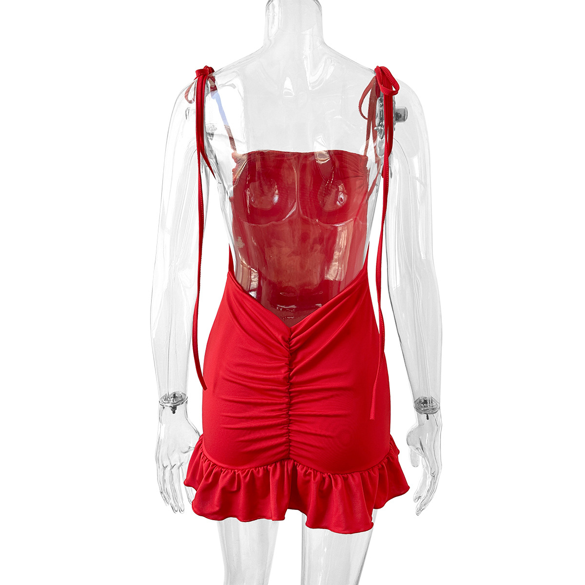 Summer Sexy Sling Pleated Dress Women Clothing Backless Tied Lotus Leaf Hip Dress