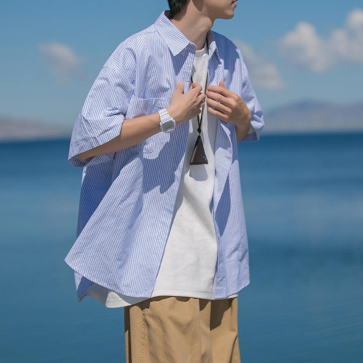 Japanese Striped Short-sleeved Shirt Men's Summer Casual All-match Lapel Shirt Trendy Brand Thin Jacket Trendy Blue Grey