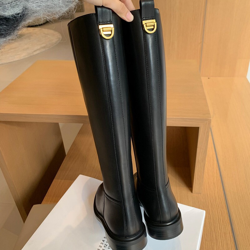 Sheepskin Version ~ Genuine Leather Round Toe Gold Buckle Thick-Soled Knight Boots for Women Autumn and Winter High Boots Thick Heel Slim Boots Long Boots