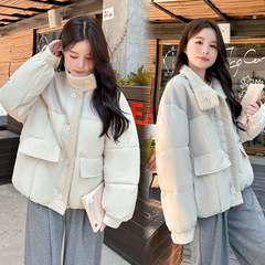 PU皮羊羔毛拼接羽绒棉服女短款2025年冬季新款小个子加厚棉袄外套