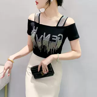 实拍2024夏季新款重工镶钻双层冰丝网纱短袖时尚露肩美背小衫女潮