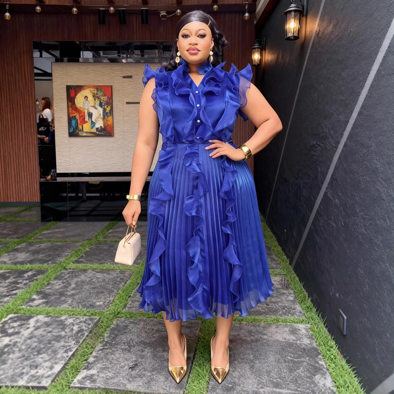 Plus Size Women's Ruffled Dress V-Neck Pleated Elegant Mid-Length Dress Organza Pleated Dress