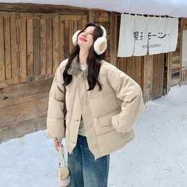 卡其撞色格子翻领拼接羽绒服2025新款女冬韩系高级感面包服短外套