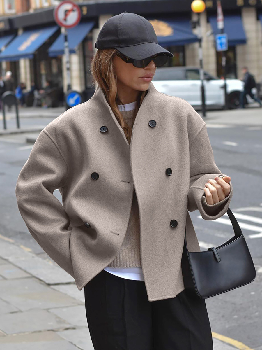 Brown French Style V Neck Double-Breasted Woolen Jacket 2023 European and American New Autum Export Autum and Winter Suits for Women