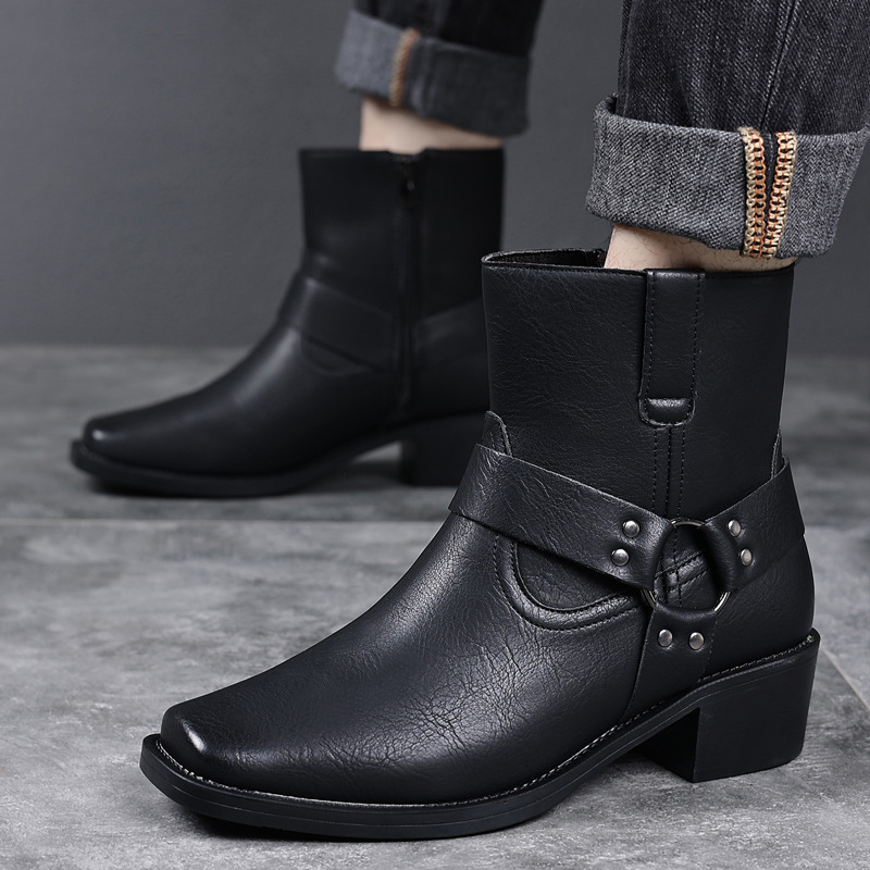 Cross-Border Supply Men's Leather Boots, Retro British High-Top Ankle Boots with Rivets, Metal Buckles, Side Zippers, Chunky Heels, Square Toe Men's Boots