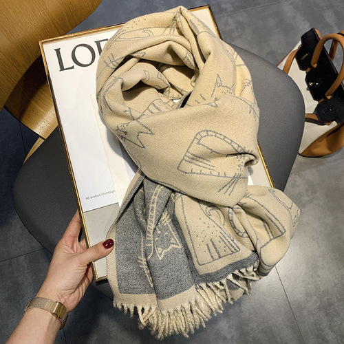  New Thick Tassel Scarf Women's Cat Print Imitation Cashmere Shawl Autumn and Winter Warm Scarf