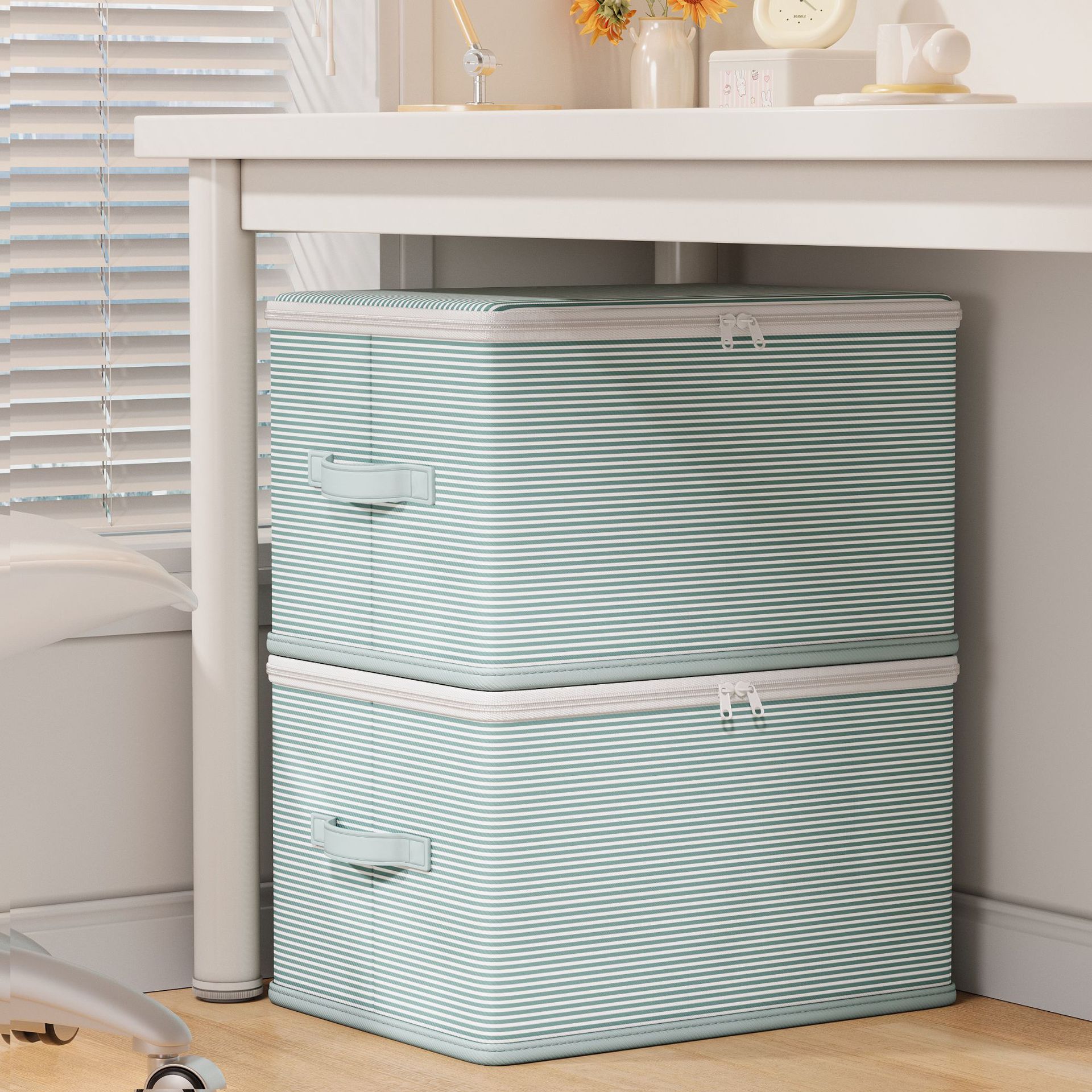 Non-Woven Double Zipper Clothing Storage Box Home Dormitory Folding Storage Striped Storage Box with Lid Wardrobe Storage