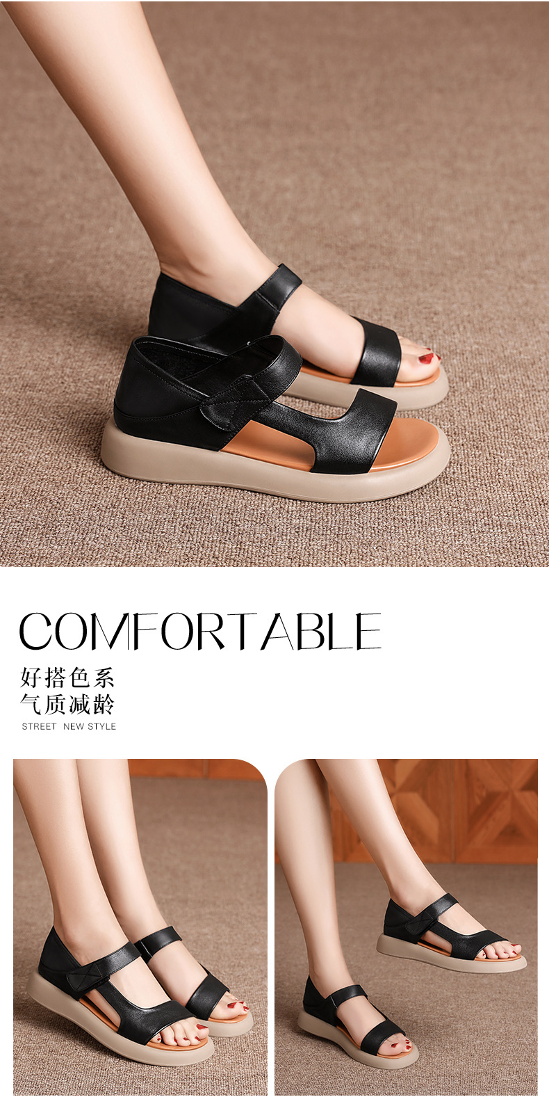 Sandal nữ đế bệt da thật mềm quai chữ V đi biển hằng ngày — Màu đen chi tiết 22
