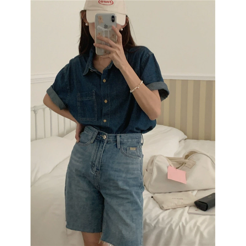 Реальная цена, повседневная джинсовая рубашка с короткими рукавами и воротником-поло в корейском стиле на складе