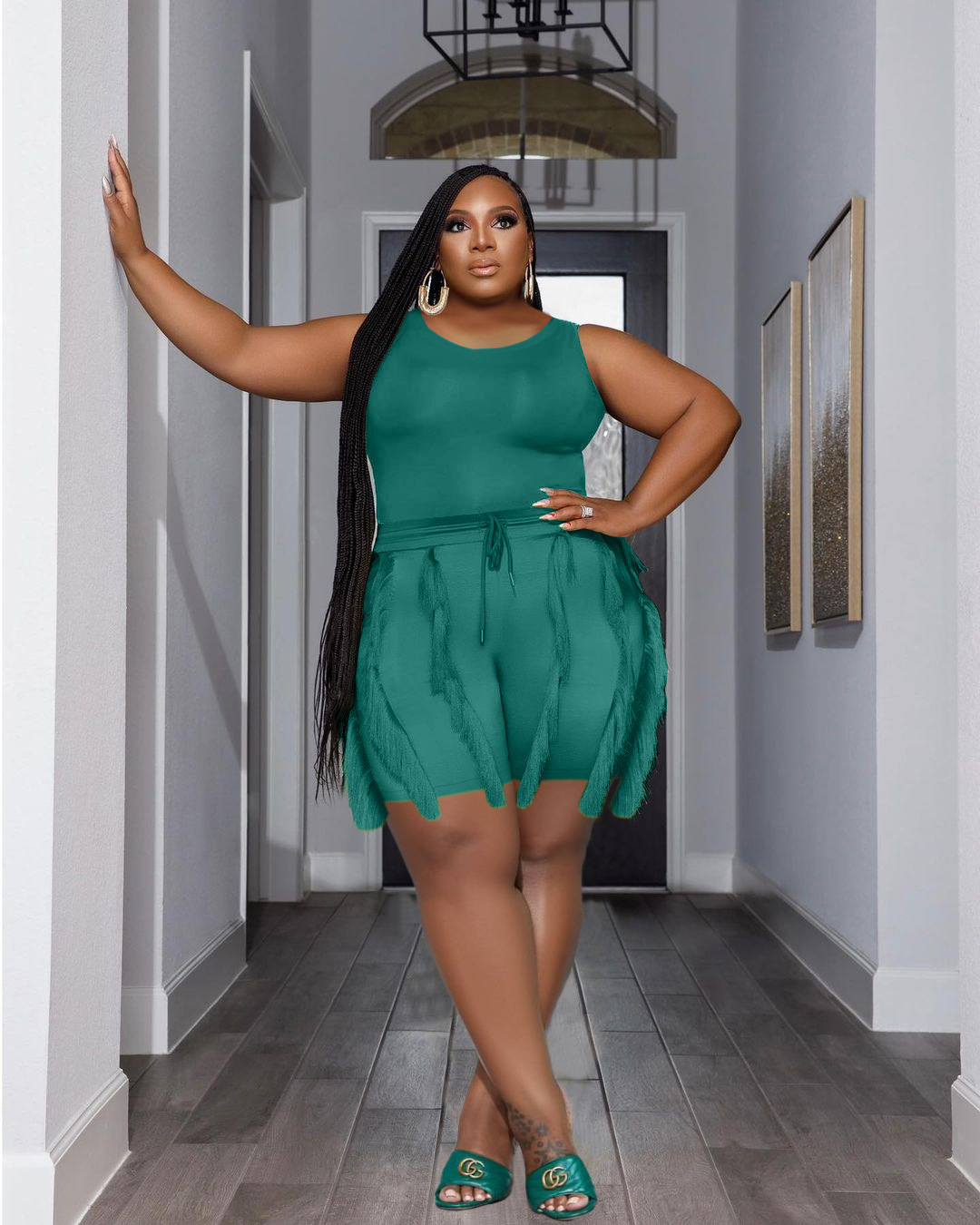 Women's Clothing Two-piece Set with Tassel Shorts, Sleeveless Casual Suit, Sports Large Size Two-piece Set_voghion.com