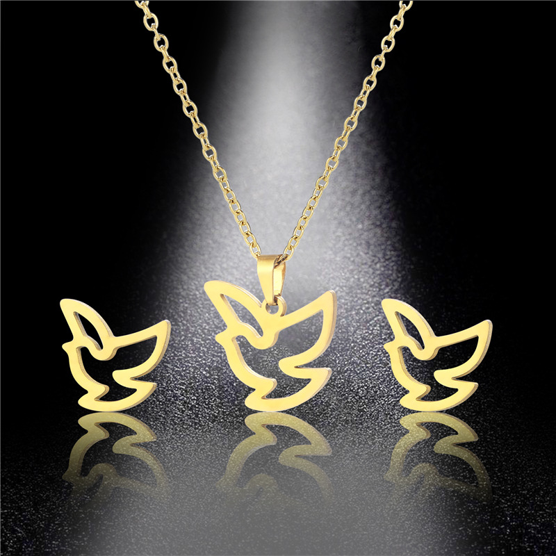 fashion simple bird pendant stainless steel necklace earrings set