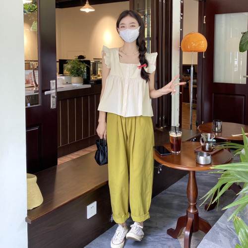 2025 French ruffled flutter sleeves shirt women's summer design sense niche square neck vest small size top summer 