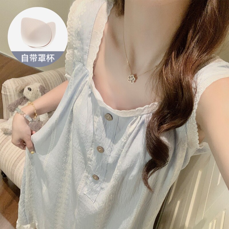 Women's Summer Nightgown with Chest Pads, Sleeveless Lace Trim, Petite Size, High-End Forest Style Sleepwear Dress, Loungewear Women's Summer Nightgown with Chest Pads, Sleeveless Lace Trim, Petite Size, High-End Forest Style Sleepwear Dress, Loungewear