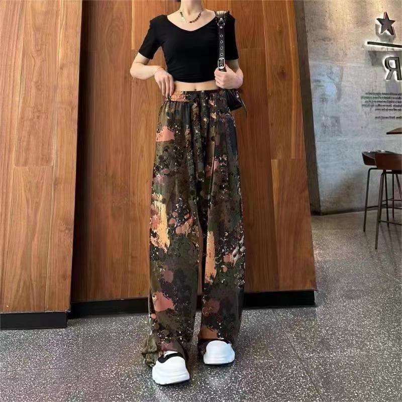 水墨画プリントのワイドレギンスの女性2025夏の新型のゆったりした薄いタイプの氷の糸の高い腰の垂れ下がった感じのカジュアルなモップのズボン|undefined