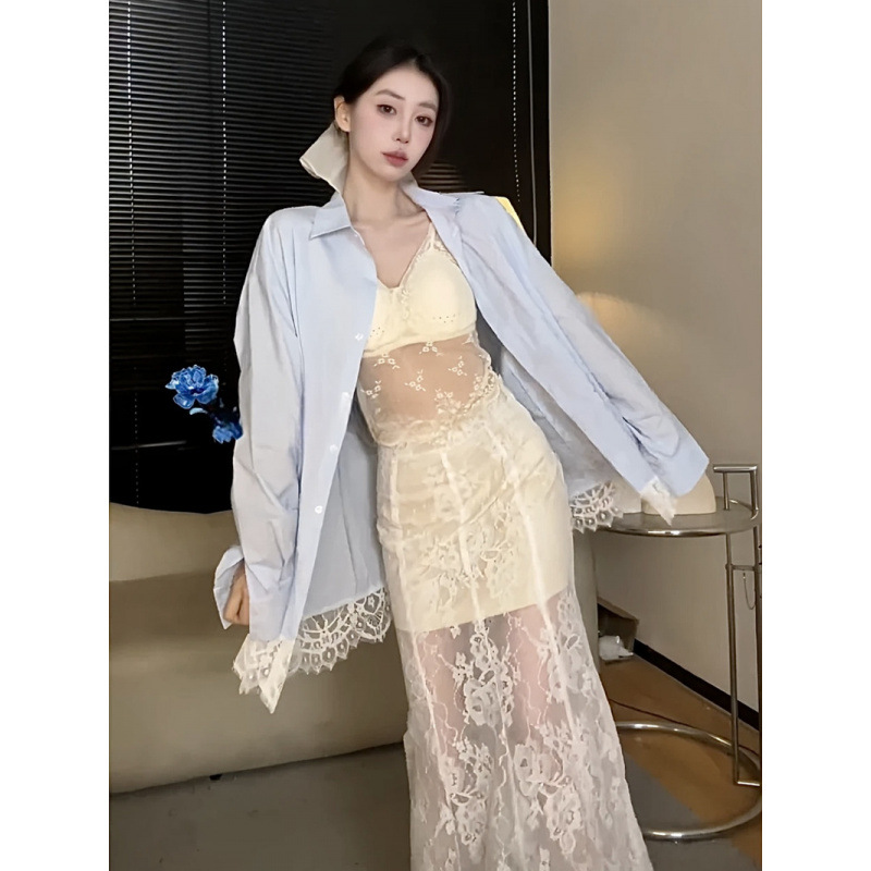 2025 여자 봄 프랑스 폴로 칼라 레이스 스티칭 블루 긴 소매 셔츠 내부 조끼 스커트 3 피스 세트