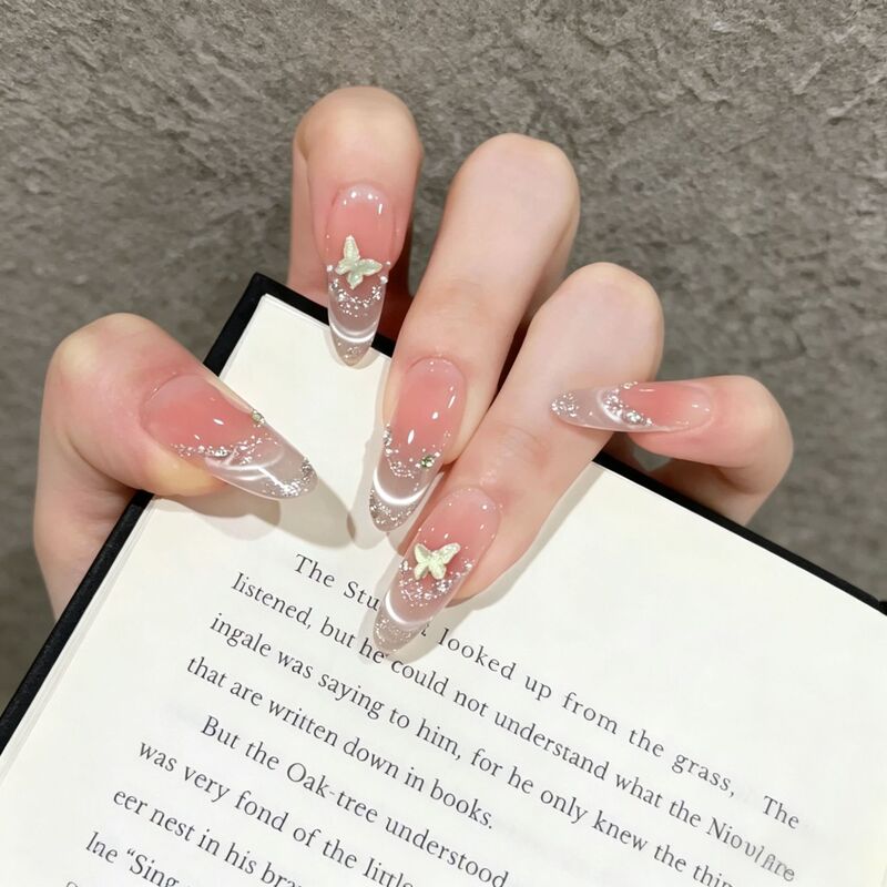 Translucent Nude Pink Butterfly French Cat Eye Press-On Nails, Handmade Long Style, Brightening with Shimmering Diamonds, 3D Nail Art Stickers Translucent Nude Pink Butterfly French Cat Eye Press-On Nails, Handmade Long Style, Brightening with Shimmering Diamonds, 3D Nail Art Stickers