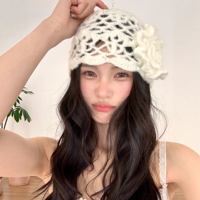 韩系立体花朵针织冷帽女春夏季新款显脸小透气帽子镂空编织包头帽|undefined