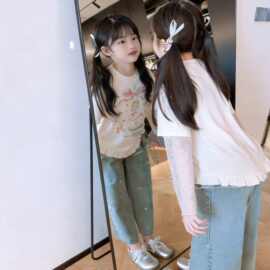 女童长袖春季2026新款大童假两件蕾丝上衣