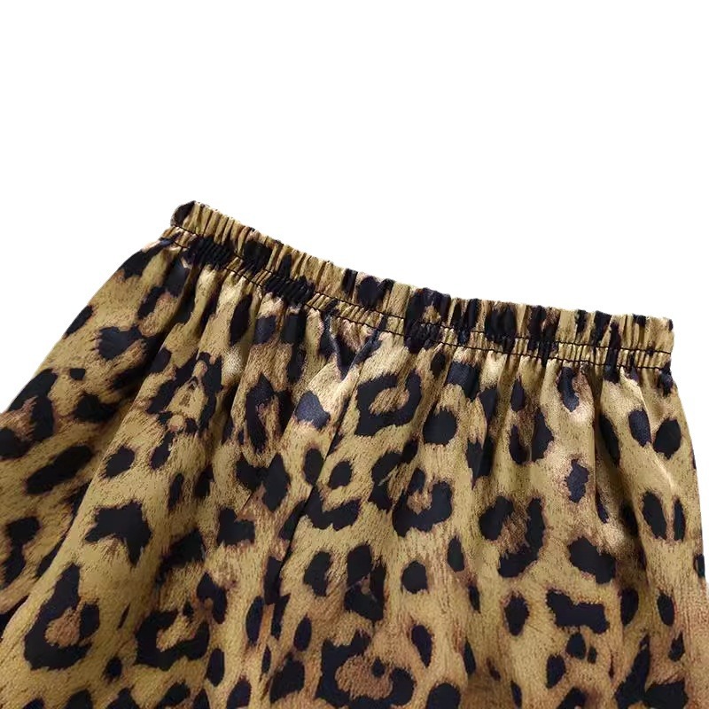 Leopard Print Children's Homewear Flame Retardant Spring Summer Short Sleeve Ice Silk Pajamas With Pants For Kids_voghion.com
