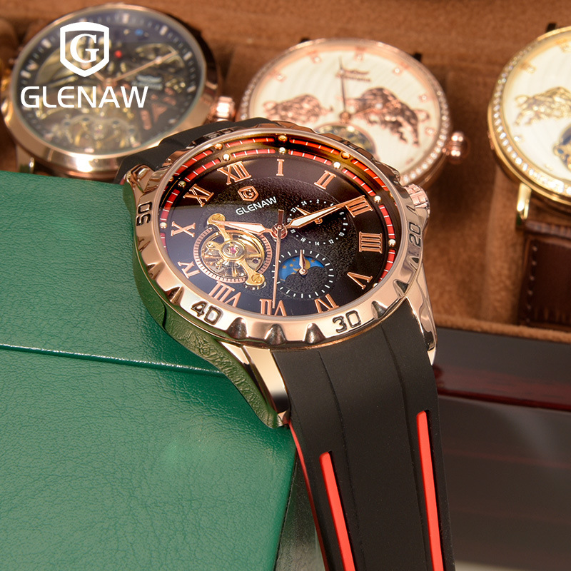 Đồng hồ nam automatic lộ máy, chống nước, dây thép không gỉ — Băng keo hình tròn đỏ vỏ hoa hồng, Băng keo vòng xanh vỏ hoa hồng, Băng keo vòng xanh vỏ đen, Băng keo đỏ vỏ Bạc