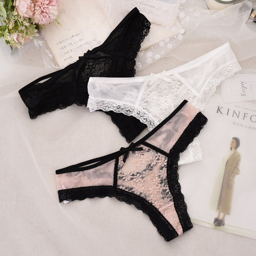 Full lace sexy thong transparent panties women's low waist mesh hollow bow women's briefs panties
