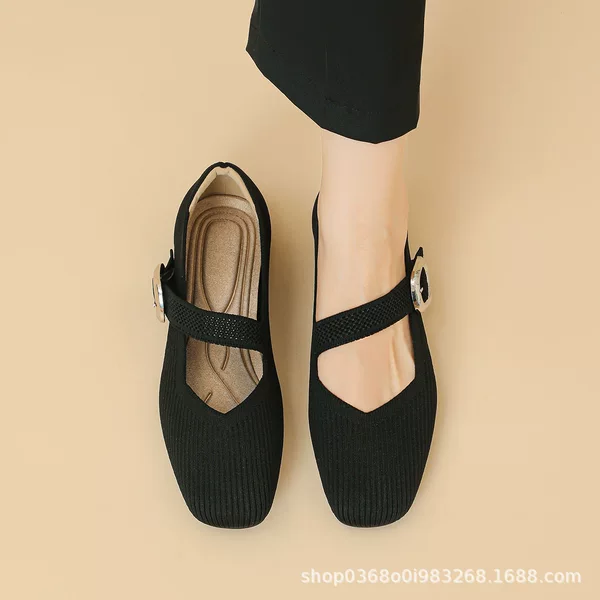 2024-1 Princess Shoes Square Head Shallow Mouth Spring and Summer One-word Belt Mary Jane Knitted Shoes Flat Soft Bottom Casual Shoes