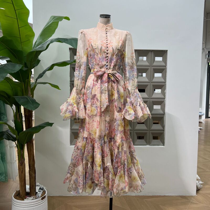 Amazon Palace Style Waist-Cinching Fashionable Autumn Printed Stand-Up Collar Long-Sleeved Flower Bud Large Hem Lace-Up Dress Beautiful