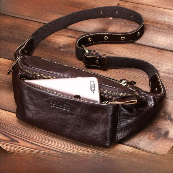 Black Angel First-Layer Cowhide Men's Waist Bag, Multifunctional Men's Sports Phone Bag, Versatile Crossbody Waterproof Waist Bag