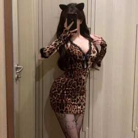 乖巧小野猫 豹纹蕾丝拼接性感镂空深V包臀裙露背火辣低胸睡裙套装