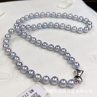 Source factory straight hair 6-8MM sea water akoya pearl necklace pearlescent high blue gray really linen neck chain