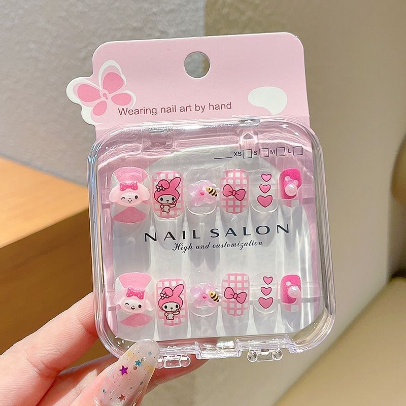 Uñas postizas removibles para niñas, en caja, con diseños de dibujos animados, pegatinas de uñas exquisitas, piezas de uñas.