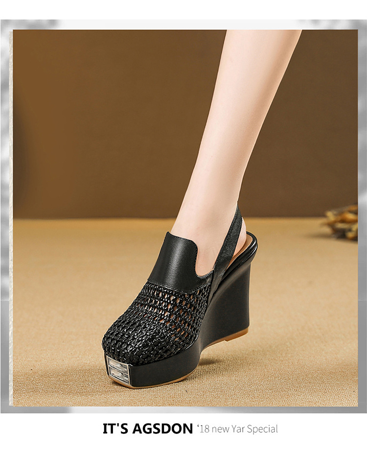 Sandal cao gót nữ mũi nhọn bện rỗng đế xuồng chống nước — màu be chi tiết 16