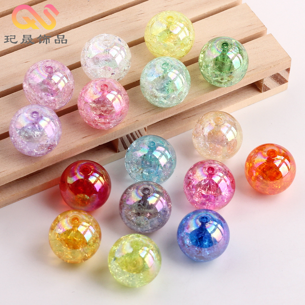 镀彩糖果色爆裂碎花直孔圆珠DIY手串手机链项链透明裂纹饰品配件
