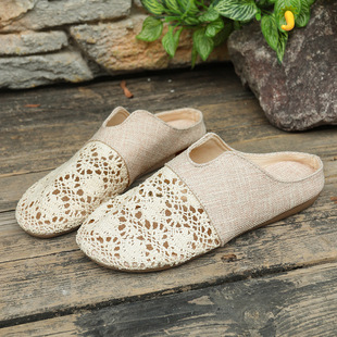 Foreign Trade Large Size Toe-Toe Slippers for Women 2025 New Outer Wear Mesh Half Slippers Flats Bottom Heelless Lazy Sandals