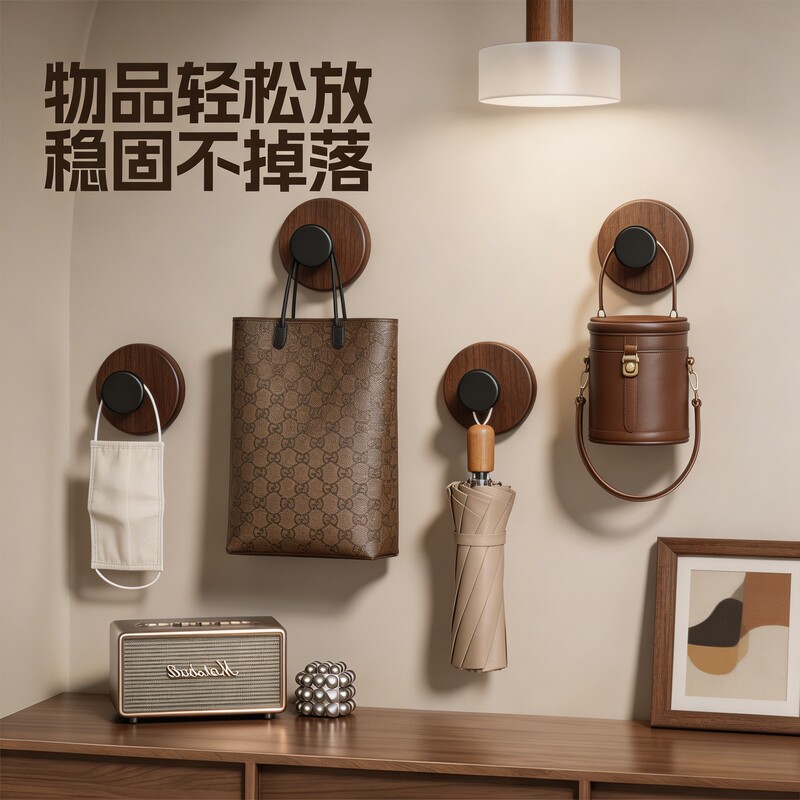 Walnut wood suction cup door hook, no drilling required, strong load-bearing vacuum hook for entry door keys and bathroom towels Walnut wood suction cup door hook, no drilling required, strong load-bearing vacuum hook for entry door keys and bathroom towels
