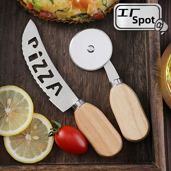 Stainless Steel Pizza Knife Dishcake Knife Oak Handle PIZZA Roller Knife Pizza Cutter Baking Tools Cake Cutter Tooth Knife
