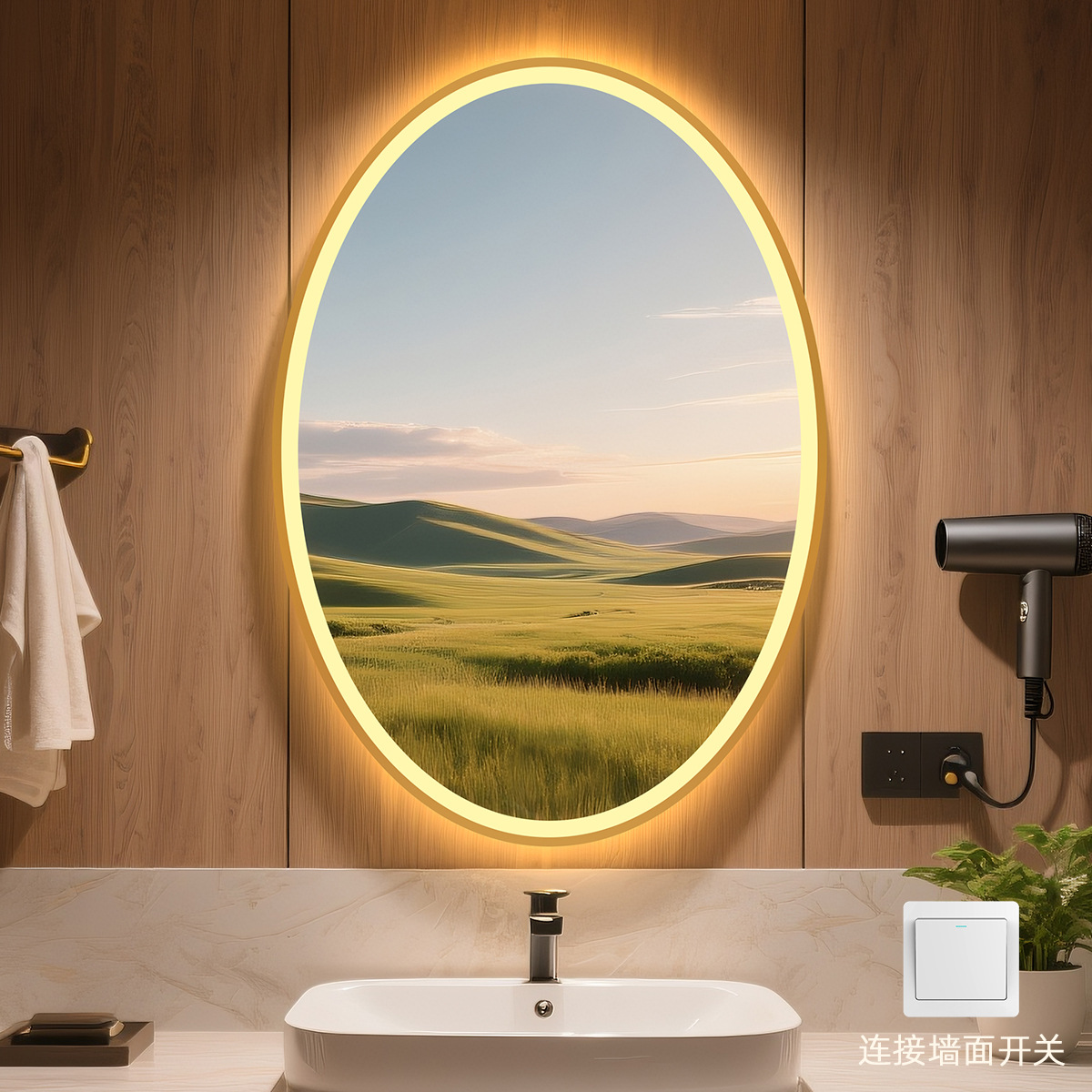 Hoteles transfronterizos residenciales espejo inteligente con marco de aleación de aluminio sin perforación de pared LED con lámpara de lámpara anti niebla baño elíptico